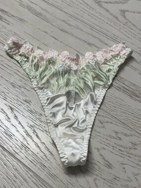 Cabernet White Satin Thong with Pink & Light Green Embroidery